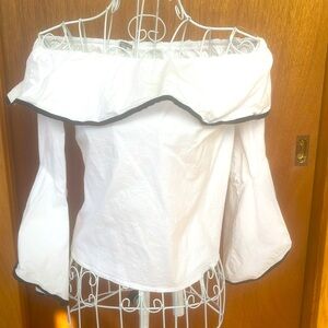 NEW stretch cotton offshoulder white top black piping at neckline flounce/sleeve